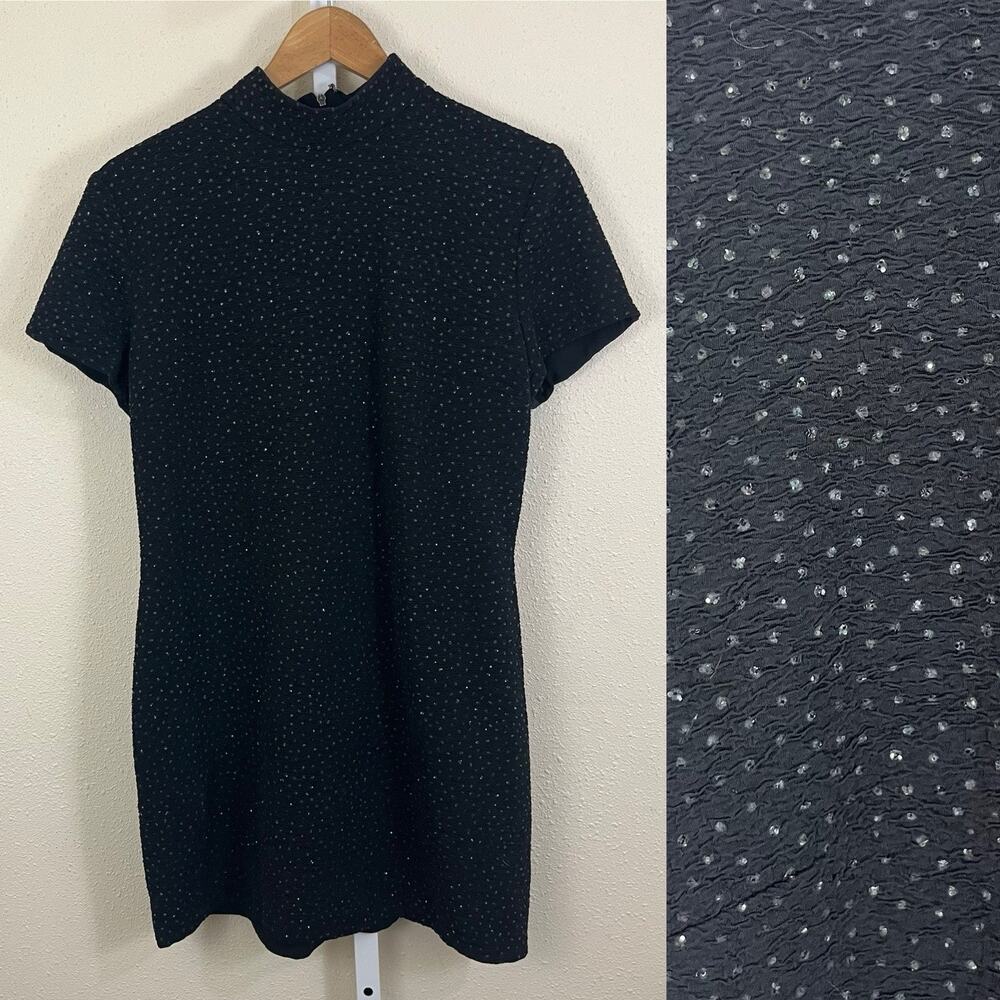 Vintage DW3 David Warren Black Sparkle Mock Neck Dress Size 14